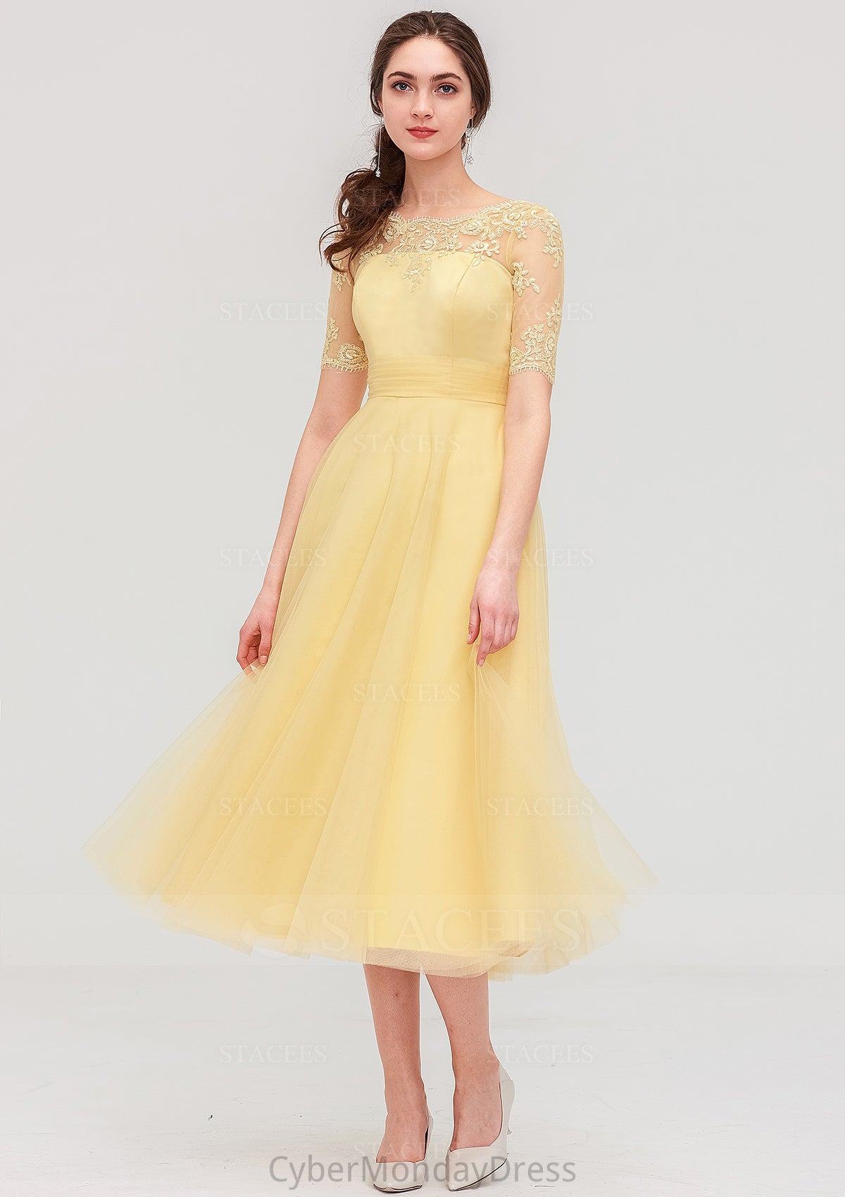 Bateau Short Sleeve A-line/Princess Tulle Tea-Length  Bridesmaid Dresses With Pleated Lace June DTP0025522