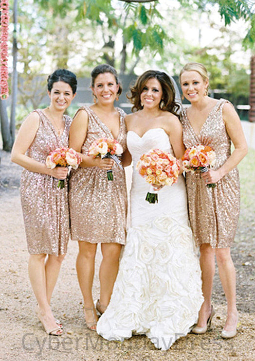 Sleeveless V Neck Knee-Length A-line/Princess Sequined Bridesmaid Dresses Stella DTP0025527