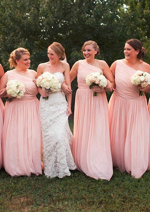 One-Shoulder A-Line/Princess Long/Floor-Length Chiffon Bridesmaid Dresses With Pleated Siena DTP0025529