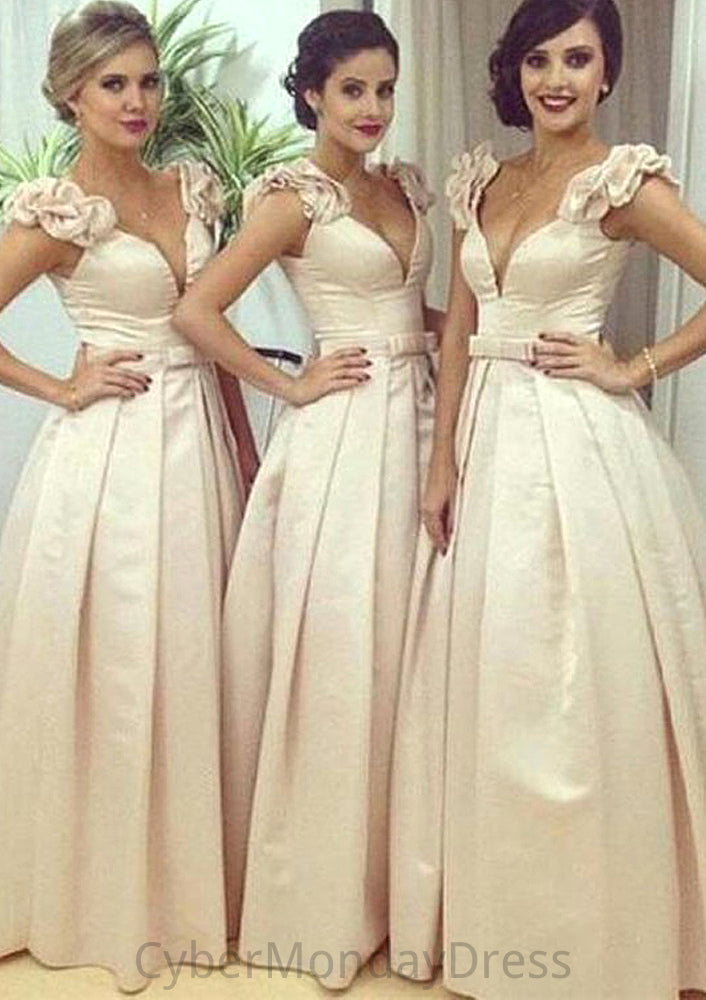 Sleeveless V Neck Long/Floor-Length A-line/Princess Satin Bridesmaid Dresseses With Pleated Waistband Maya DTP0025536