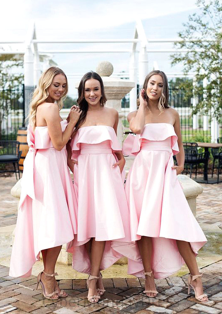 Sleeveless Strapless Asymmetrical A-line/Princess Satin Bridesmaid Dresseses With Bowknot Ruffles Nevaeh DTP0025539