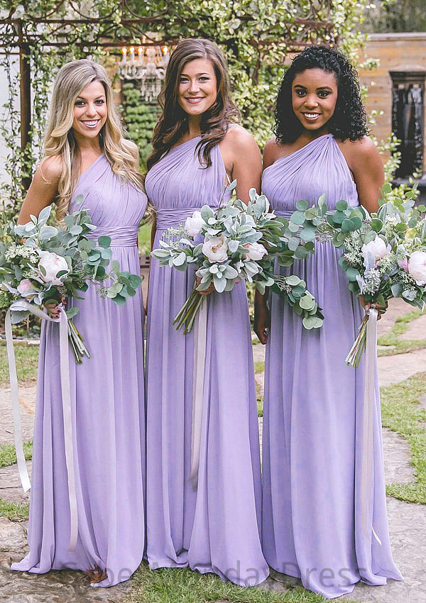 One-Shoulder A-Line/Princess Long/Floor-Length Chiffon Bridesmaid Dresses With Pleated Avery DTP0025544