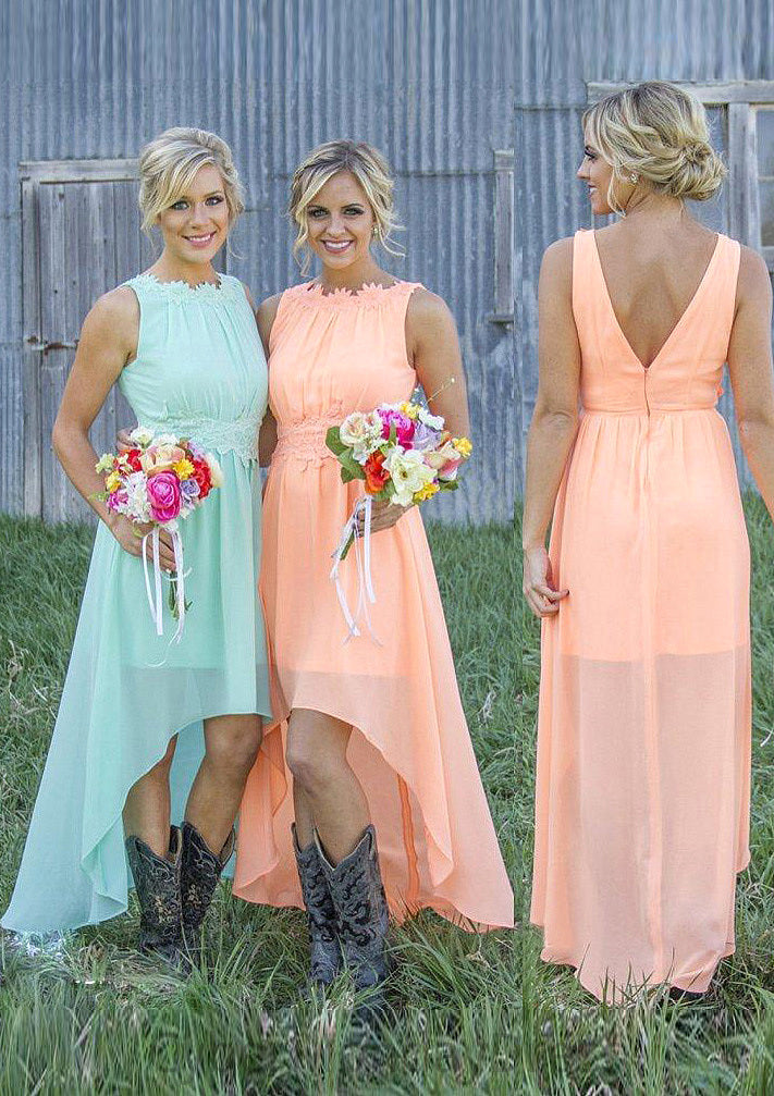 Sleeveless Bateau Asymmetrical A-Line/Princess Chiffon Bridesmaid Dresses With Appliqued Xiomara DTP0025549