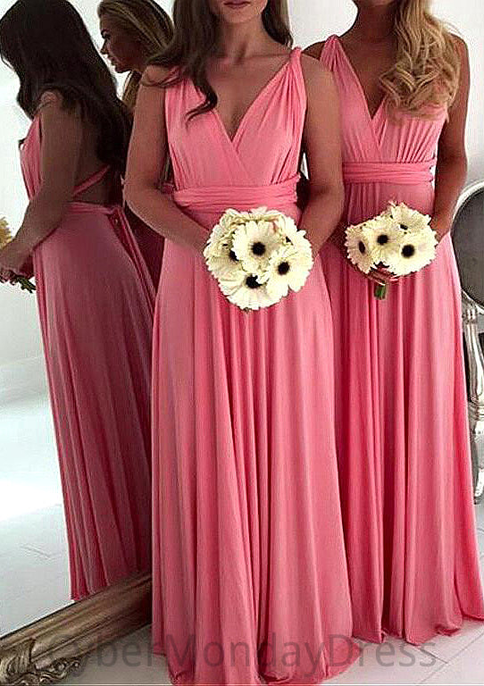 A-Line/Princess V-Neck Long/Floor-Length Chiffon Bridesmaid Dresses Kaleigh DTP0025551