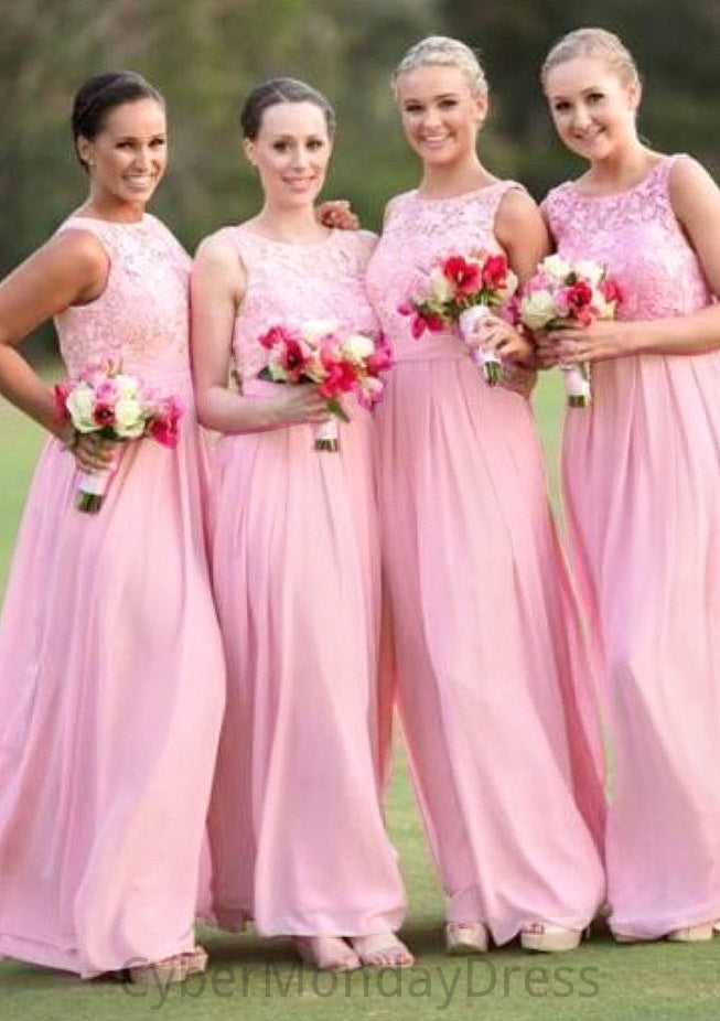 A-Line/Princess Bateau Long/Floor-Length Chiffon Bridesmaid Dresses With Lace Kamryn DTP0025552