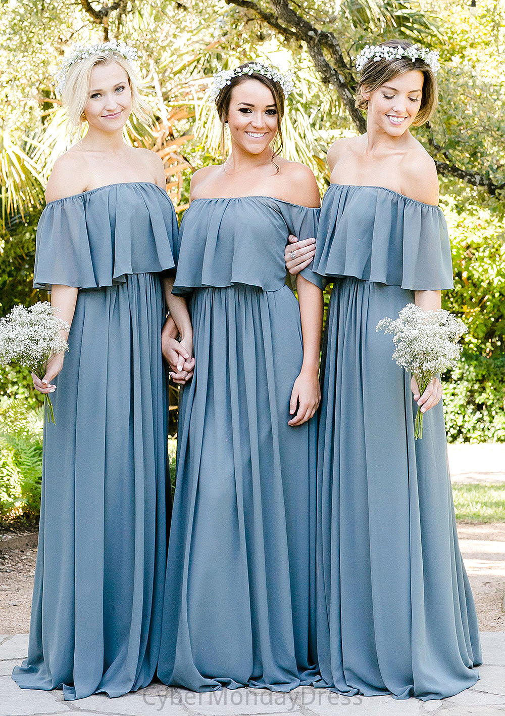 Off-The-Shoulder A-Line/Princess Long/Floor-Length Chiffon Bridesmaid Dresses With Ruffles Tori DTP0025555