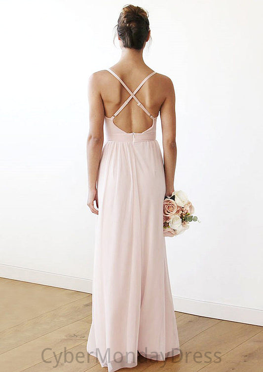 Spaghetti Straps Sleeveless V Neck Long/Floor-Length Chiffon Bridesmaid Dresses With Pleated Geraldine DTP0025561