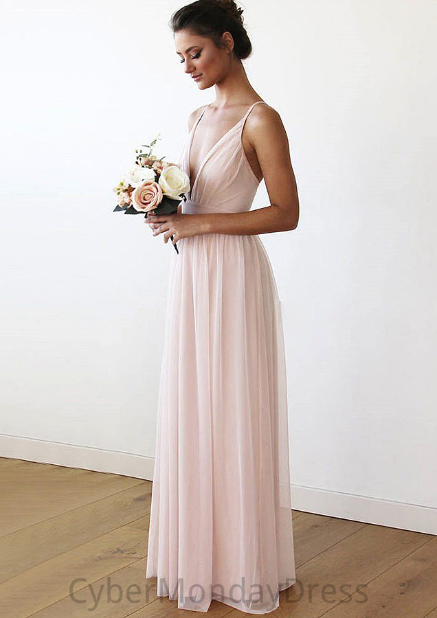 Spaghetti Straps Sleeveless V Neck Long/Floor-Length Chiffon Bridesmaid Dresses With Pleated Geraldine DTP0025561