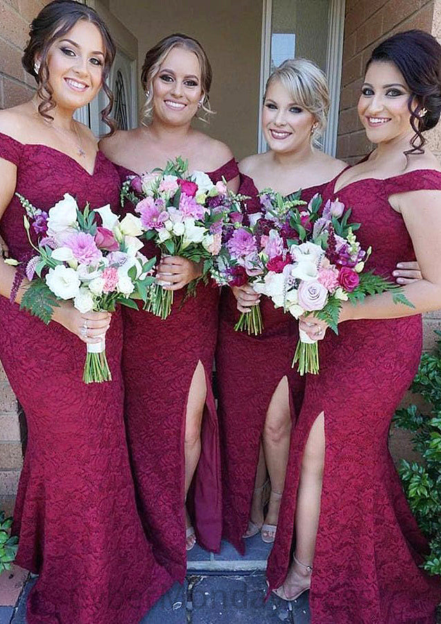 Sleeveless Off-the-Shoulder Long/Floor-Length Trumpet/Mermaid Lace Bridesmaid Dresseses With Split Zariah DTP0025562