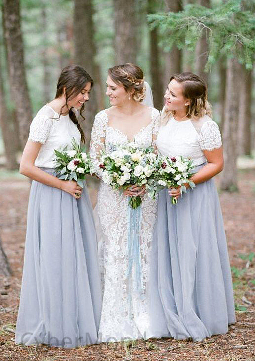 Short Sleeve Scoop Neck Long/Floor-Length A-line/Princess Tulle Bridesmaid Dresseses With Lace Meghan DTP0025563