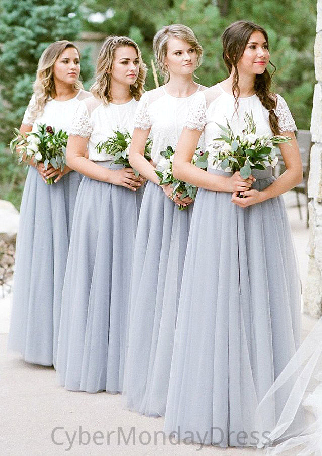 Short Sleeve Scoop Neck Long/Floor-Length A-line/Princess Tulle Bridesmaid Dresseses With Lace Meghan DTP0025563