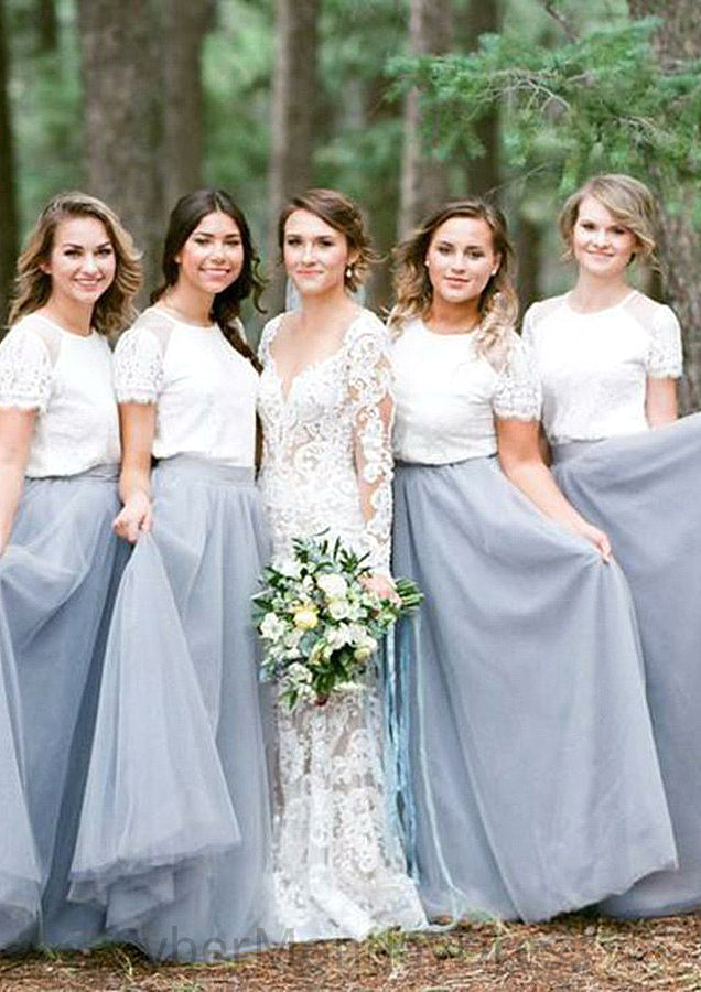 Short Sleeve Scoop Neck Long/Floor-Length A-line/Princess Tulle Bridesmaid Dresseses With Lace Meghan DTP0025563