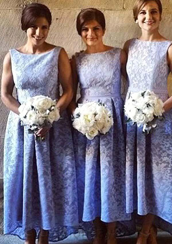 Bateau Sleeveless Asymmetrical A-line/Princess Lace Bridesmaid Dresseses With Pleated Kayleigh DTP0025576