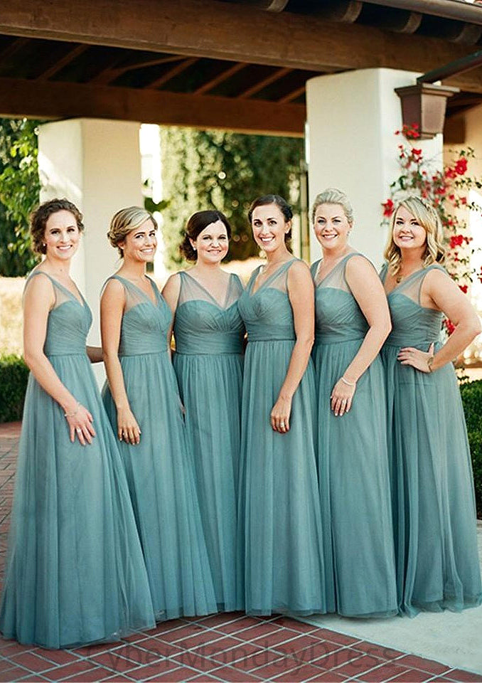 Sleeveless V Neck Tulle Long/Floor-Length A-line/Princess Bridesmaid Dresseses With Pleated Megan DTP0025578