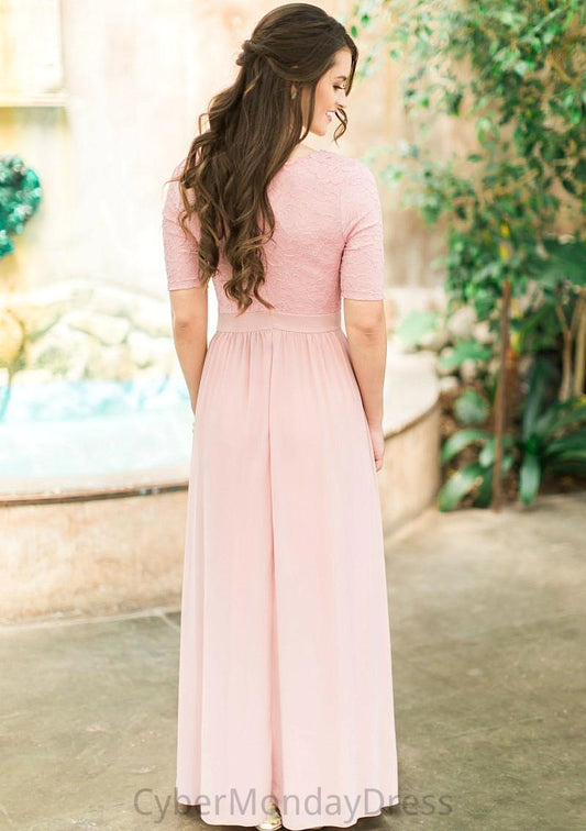 Scoop Neck Short Sleeve Ankle-Length A-line/Princess Chiffon Bridesmaid Dresses With Lace Pleated Zoie DTP0025580