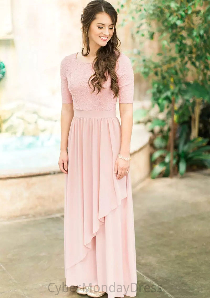 Scoop Neck Short Sleeve Ankle-Length A-line/Princess Chiffon Bridesmaid Dresses With Lace Pleated Zoie DTP0025580