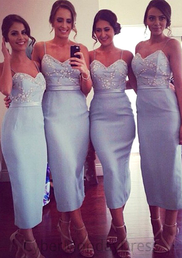 Sleeveless V Neck Tea-Length Sheath/Column Elastic Satin Bridesmaid Dresseses With Appliqued Sasha DTP0025581