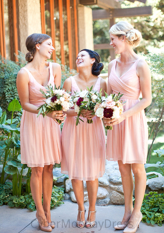 Sleeveless V Neck Short/Mini Chiffon A-line/Princess Bridesmaid Dresseses With Pleated Allison DTP0025585