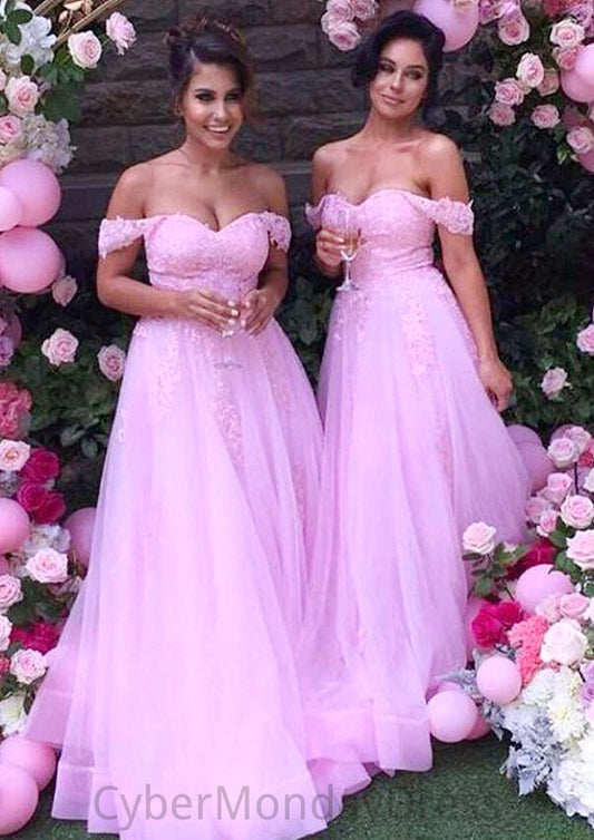 Sleeveless Off-the-Shoulder Long/Floor-Length Tulle A-line/Princess Bridesmaid Dresseses With Lace Krystal DTP0025589