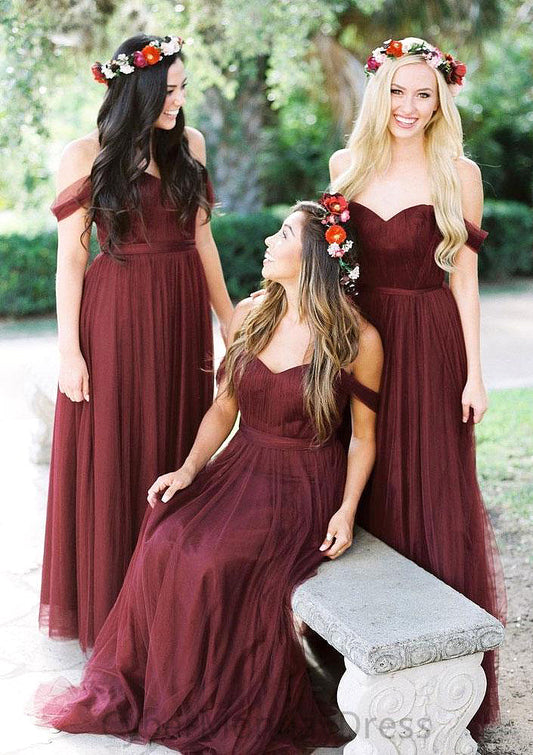 Sleeveless Off-the-Shoulder Long/Floor-Length Tulle A-line/Princess Bridesmaid Dresseses With Pleated Abigail DTP0025591