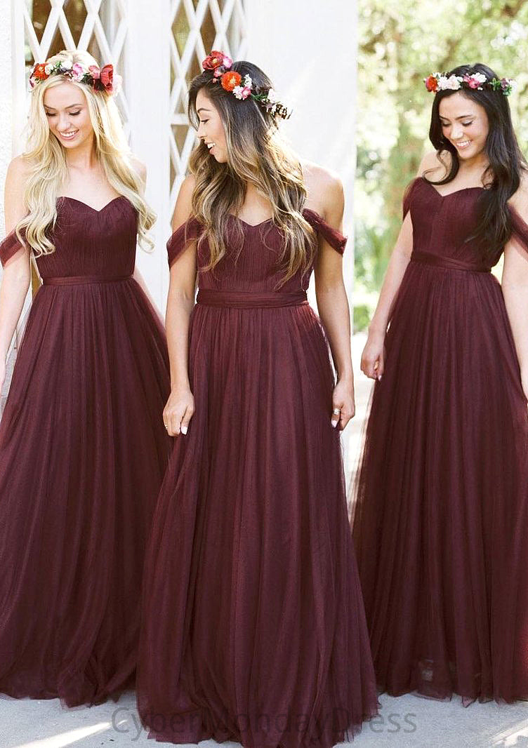 Sleeveless Off-the-Shoulder Long/Floor-Length Tulle A-line/Princess Bridesmaid Dresseses With Pleated Abigail DTP0025591