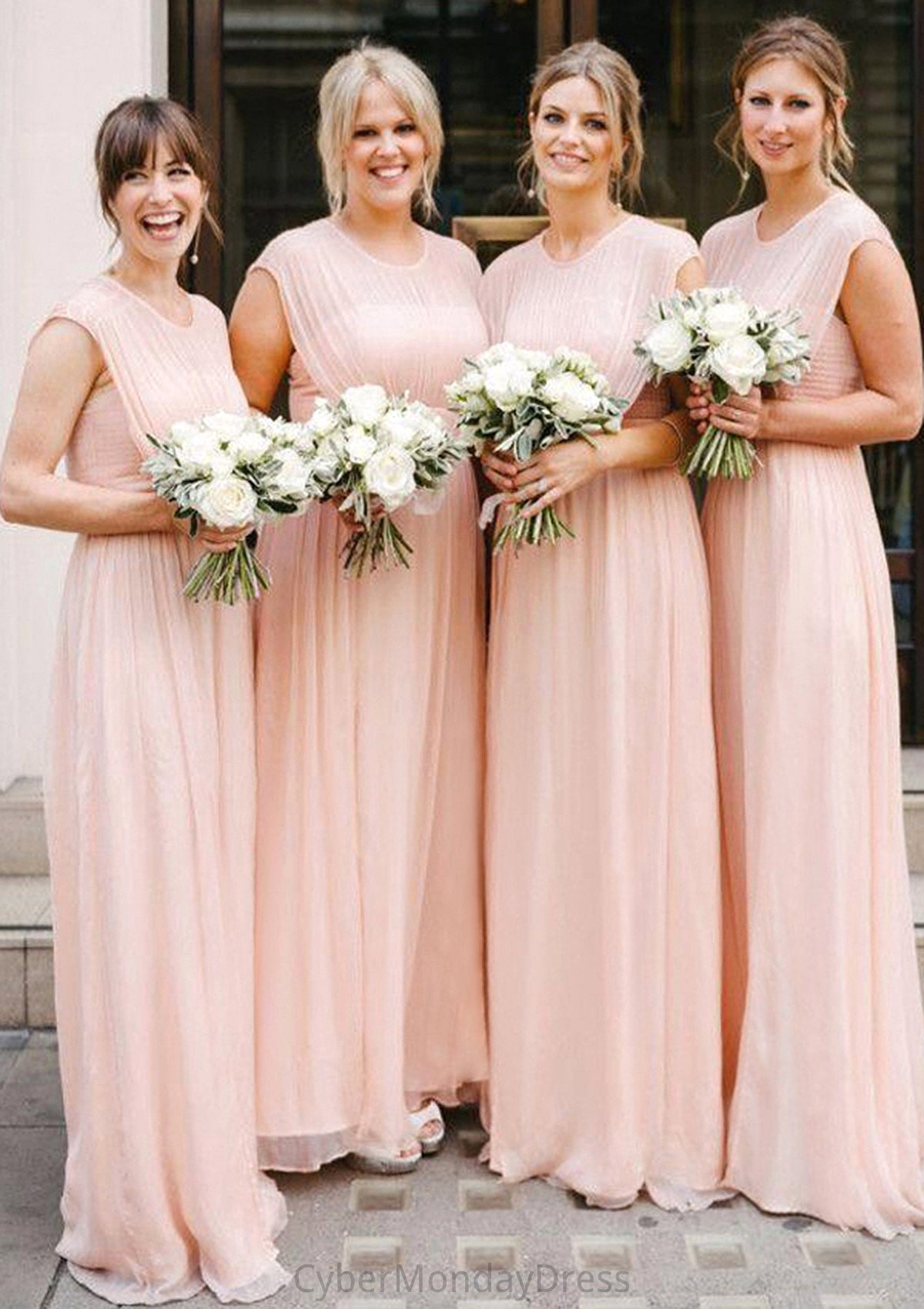 Sleeveless Scoop Neck Long/Floor-Length A-line/Princess Chiffon Bridesmaid Dresseses With Pleated Joan DTP0025595