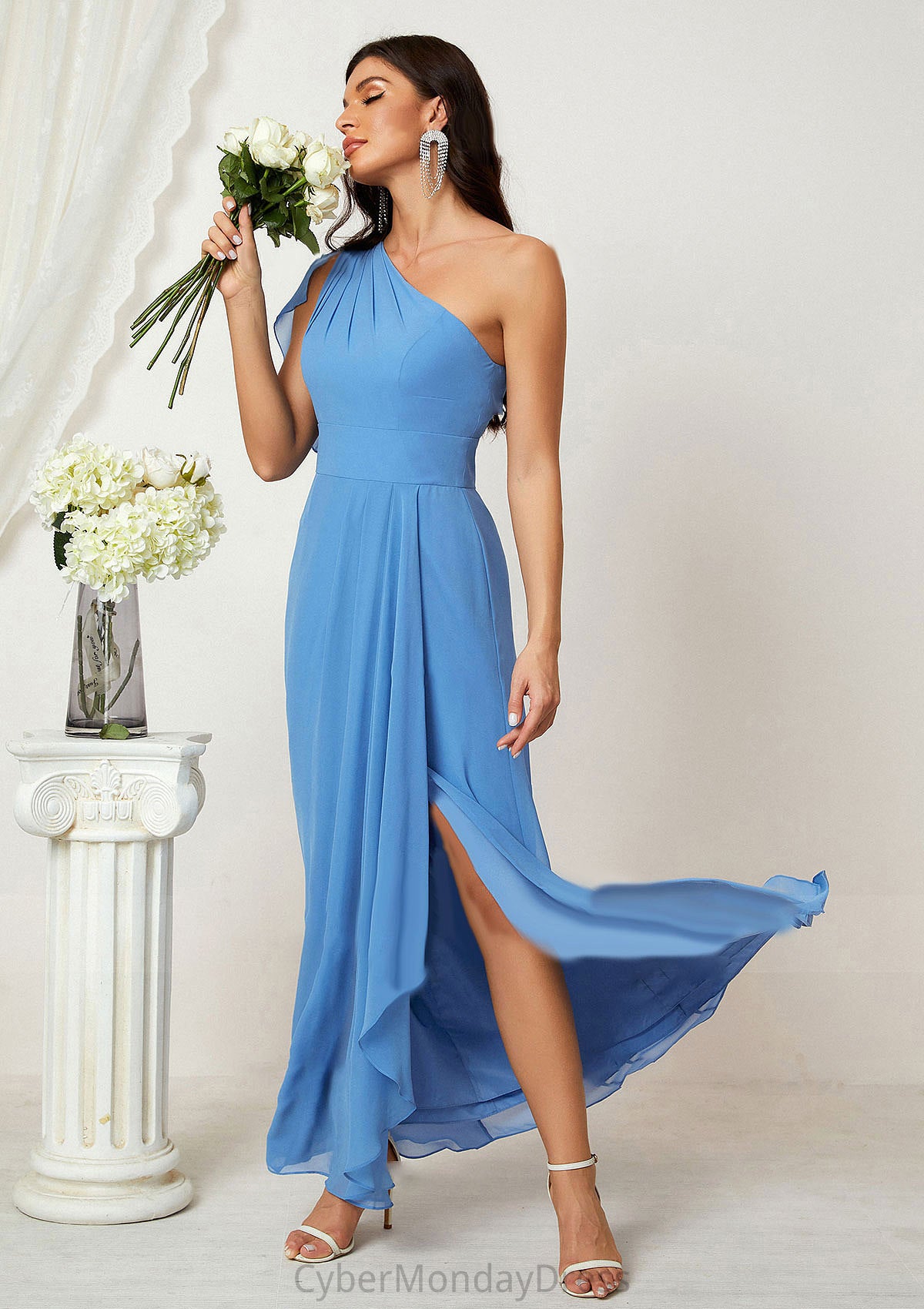 A-line One-Shoulder Sleeveless Chiffon Long/Floor-Length Bridesmaid Dresses With Pleated Split Sydnee DTP0025613