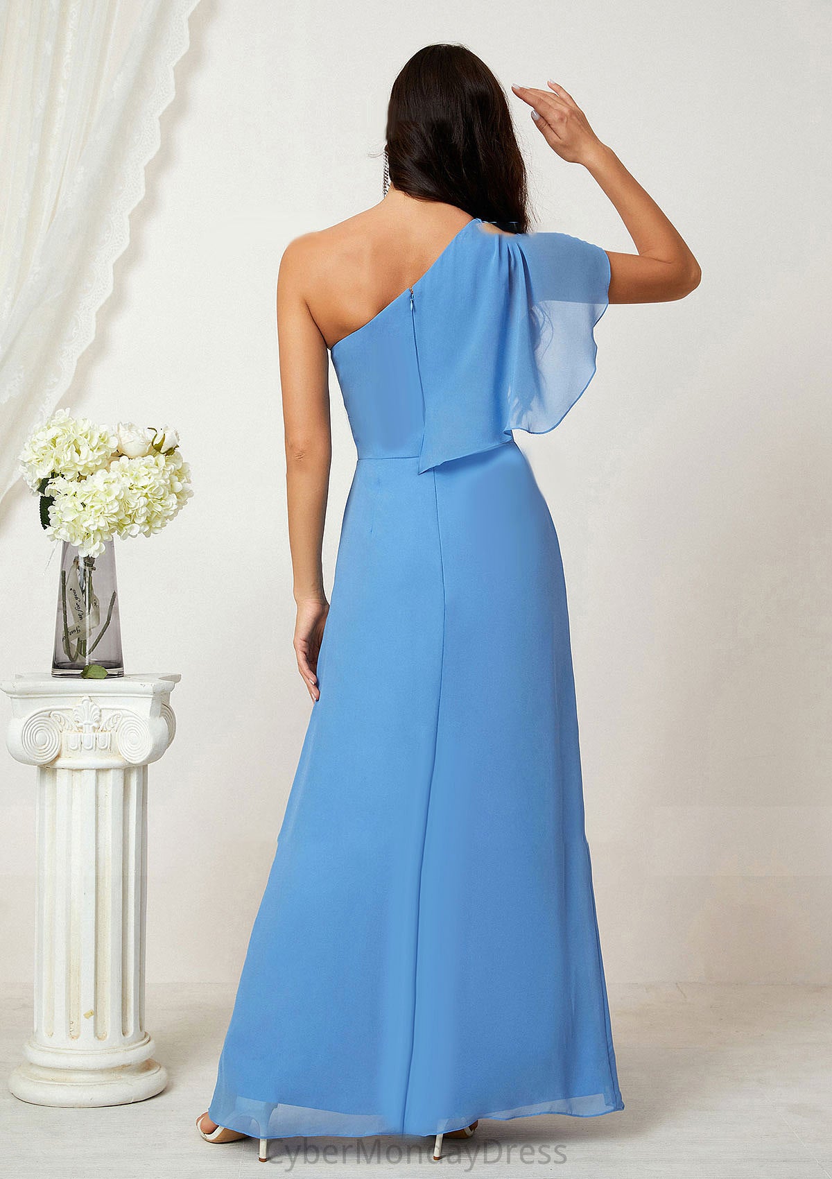 A-line One-Shoulder Sleeveless Chiffon Long/Floor-Length Bridesmaid Dresses With Pleated Split Sydnee DTP0025613