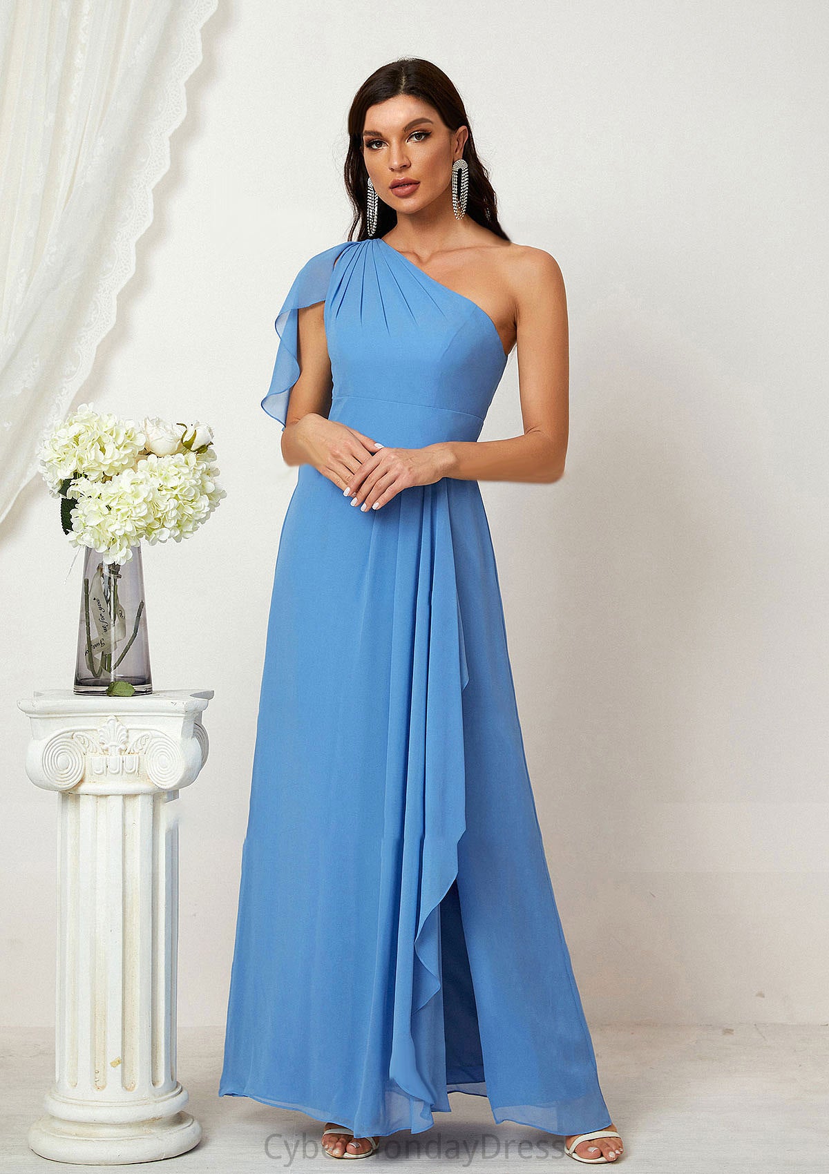 A-line One-Shoulder Sleeveless Chiffon Long/Floor-Length Bridesmaid Dresses With Pleated Split Sydnee DTP0025613