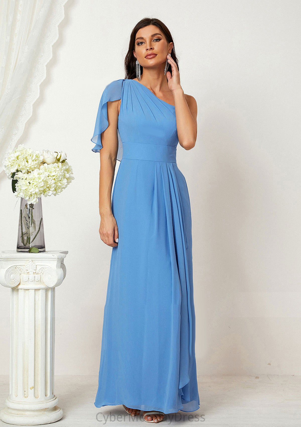 A-line One-Shoulder Sleeveless Chiffon Long/Floor-Length Bridesmaid Dresses With Pleated Split Sydnee DTP0025613