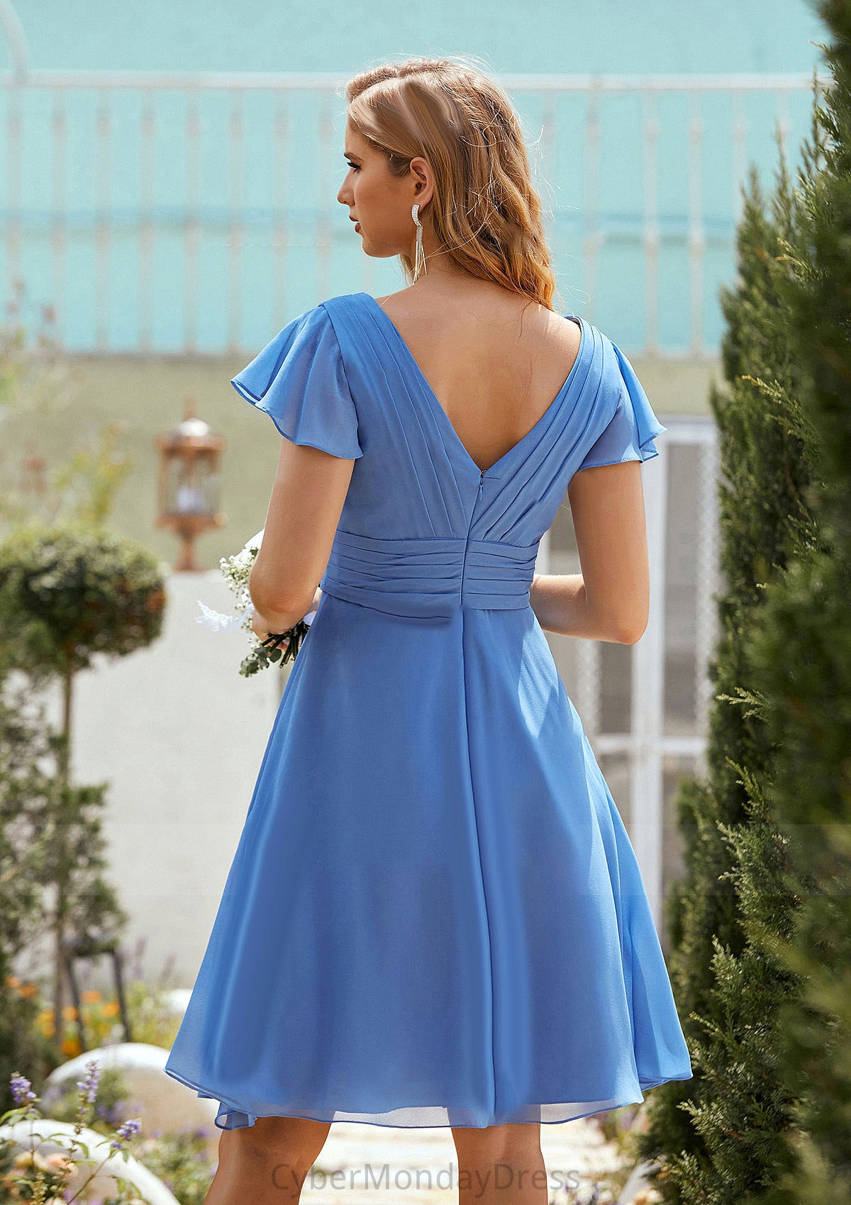 A-line V Neck Short Sleeve Chiffon Short/Mini Bridesmaid Dresses With Pleated Myla DTP0025614