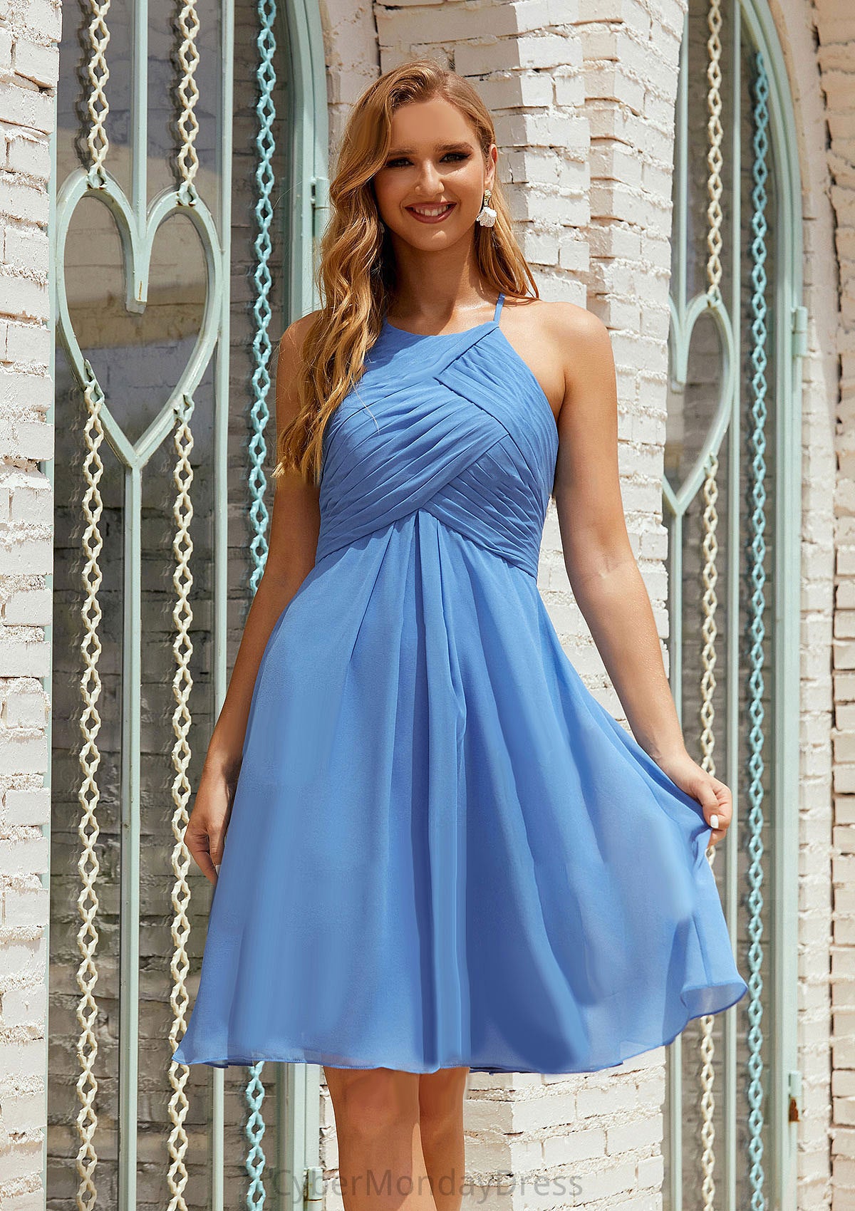 Empire A-line Halter Chiffon Short/Mini Bridesmaid Dresses With Pleated Karissa DTP0025615