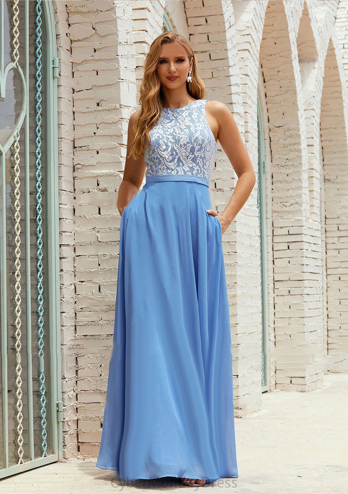 A-line Scoop Neck Sleeveless Chiffon Long/Floor-Length Bridesmaid Dresses With Pockets Lace Maribel DTP0025616