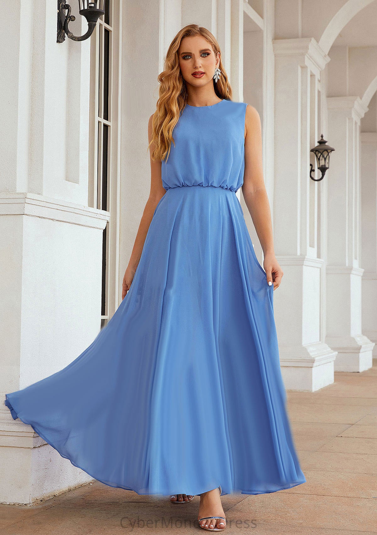 A-line Scoop Neck Sleeveless Chiffon Long/Floor-Length Bridesmaid Dresses Anabella DTP0025618