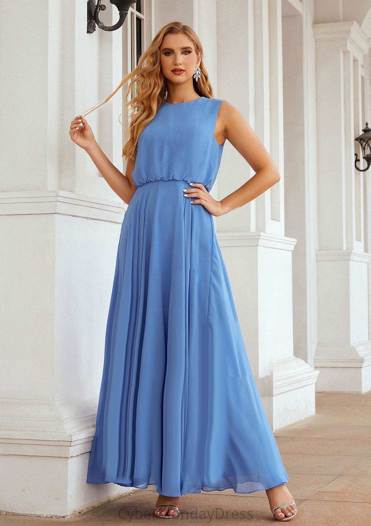 A-line Scoop Neck Sleeveless Chiffon Long/Floor-Length Bridesmaid Dresses Anabella DTP0025618