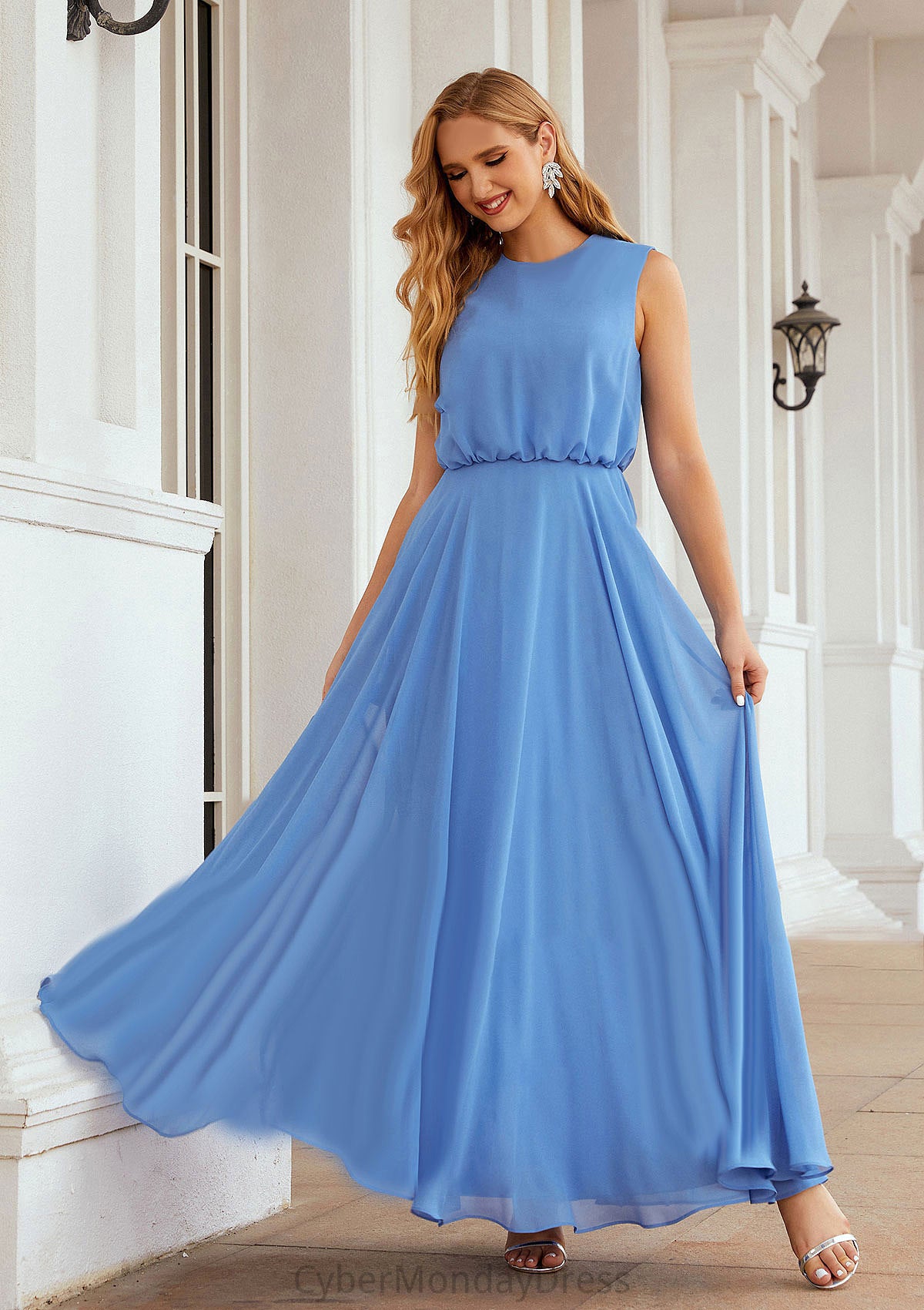 A-line Scoop Neck Sleeveless Chiffon Long/Floor-Length Bridesmaid Dresses Anabella DTP0025618