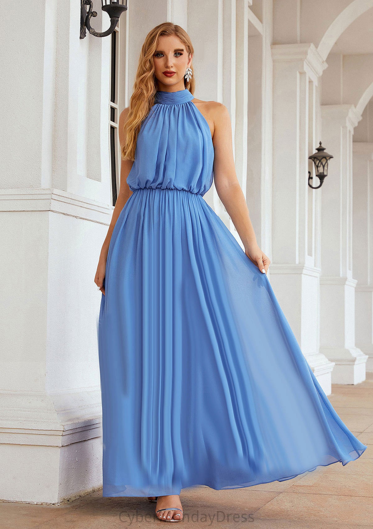 A-line Empire High-Neck Sleeveless Chiffon Long/Floor-Length Bridesmaid Dresses With Pleated Sonia DTP0025619