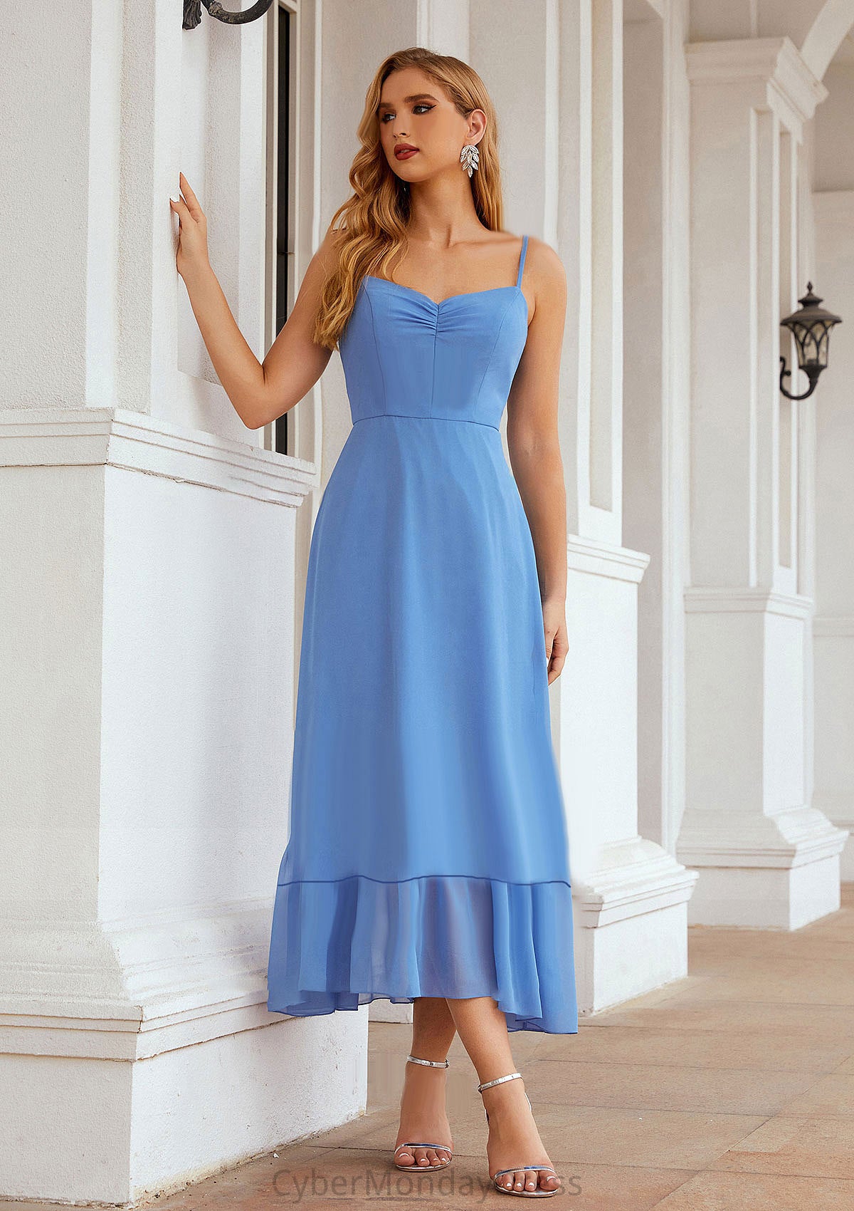 A-line Sweetheart Sleeveless Chiffon Tea-Length Bridesmaid Dresses With Pleated Emilee DTP0025620