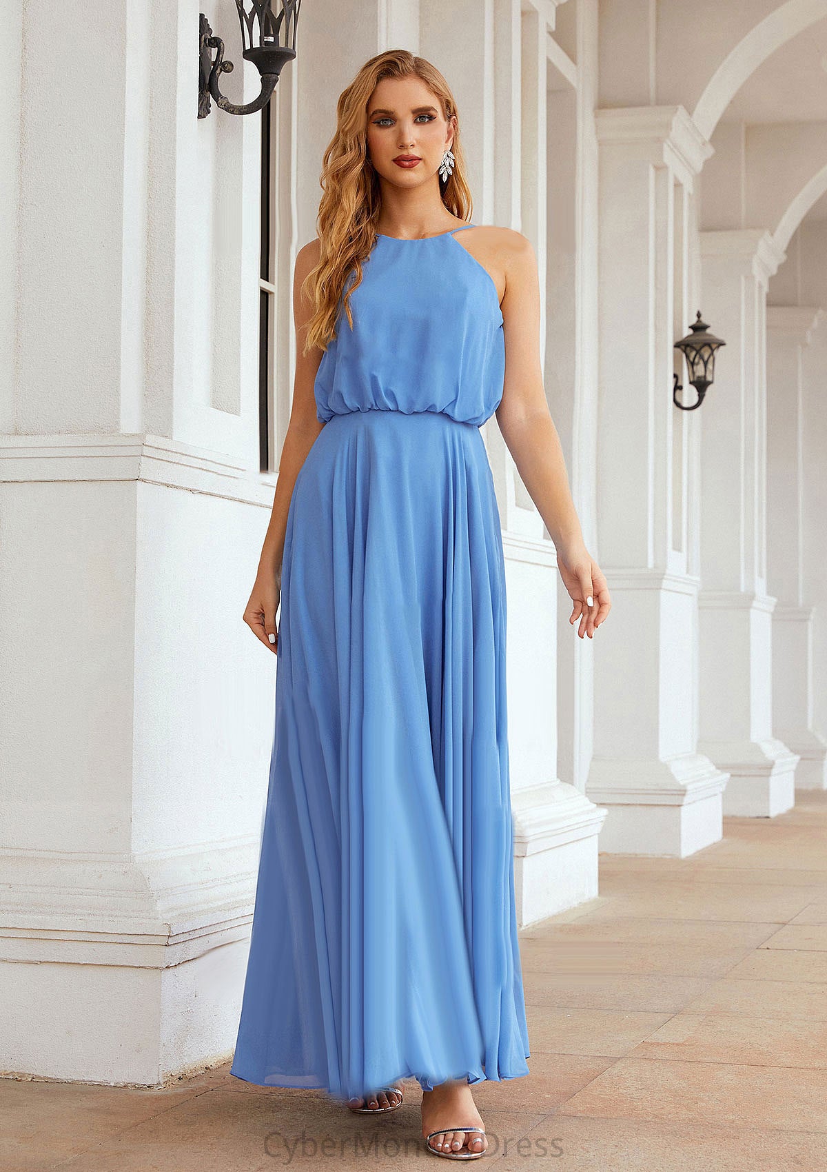 A-line Halter Sleeveless Chiffon Long/Floor-Length Bridesmaid Dresses With Pleated Liana DTP0025621