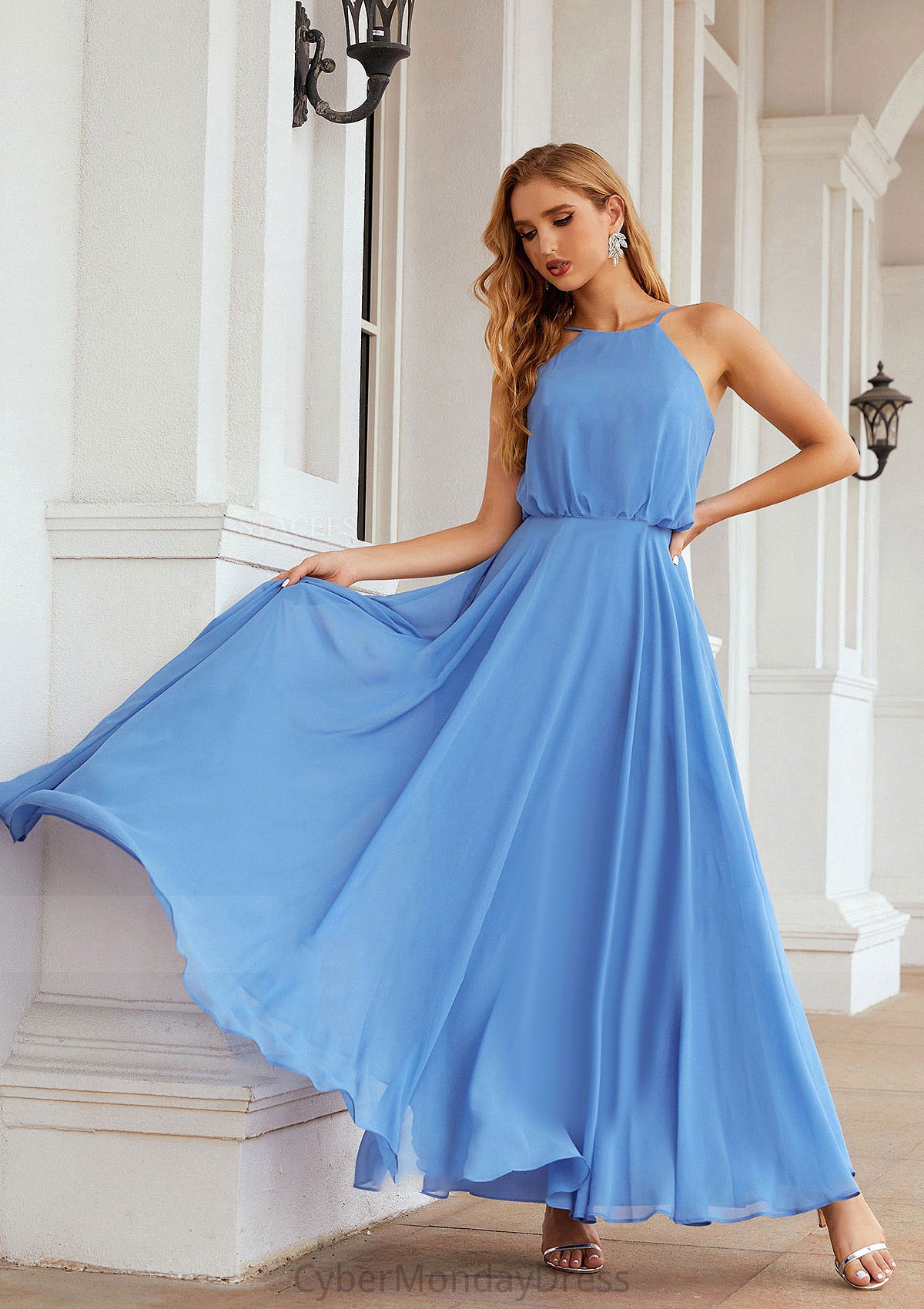 A-line Halter Sleeveless Chiffon Long/Floor-Length Bridesmaid Dresses With Pleated Liana DTP0025621