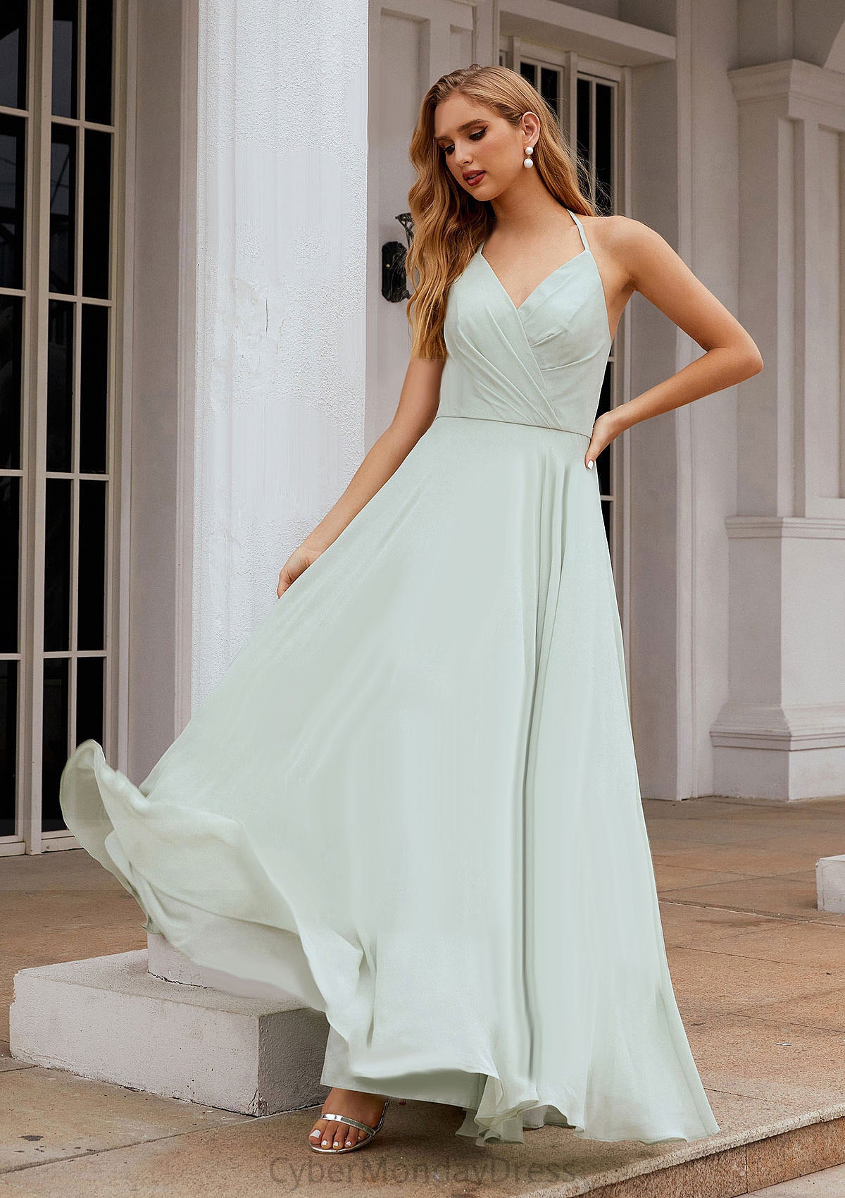 A-line Halter Sleeveless Chiffon Long/Floor-Length Bridesmaid Dresses With Pleated Ruffles Anna DTP0025623