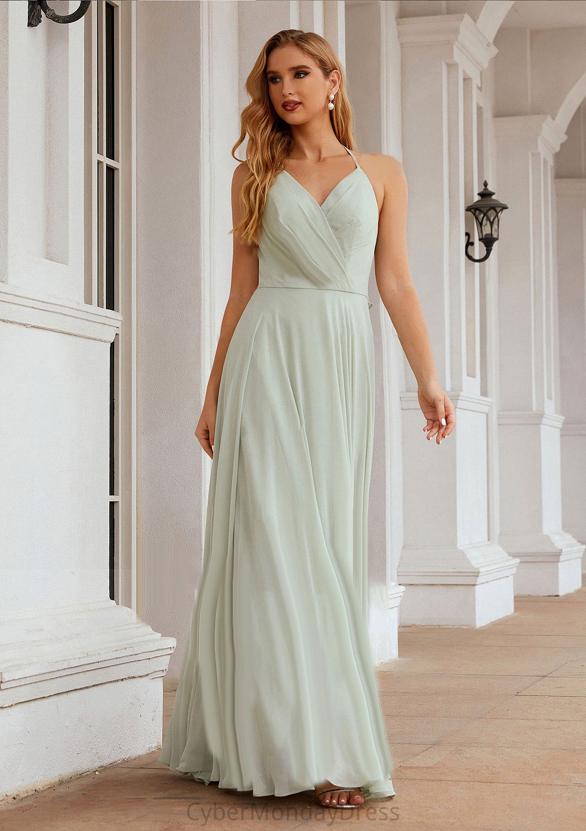 A-line Halter Sleeveless Chiffon Long/Floor-Length Bridesmaid Dresses With Pleated Ruffles Anna DTP0025623