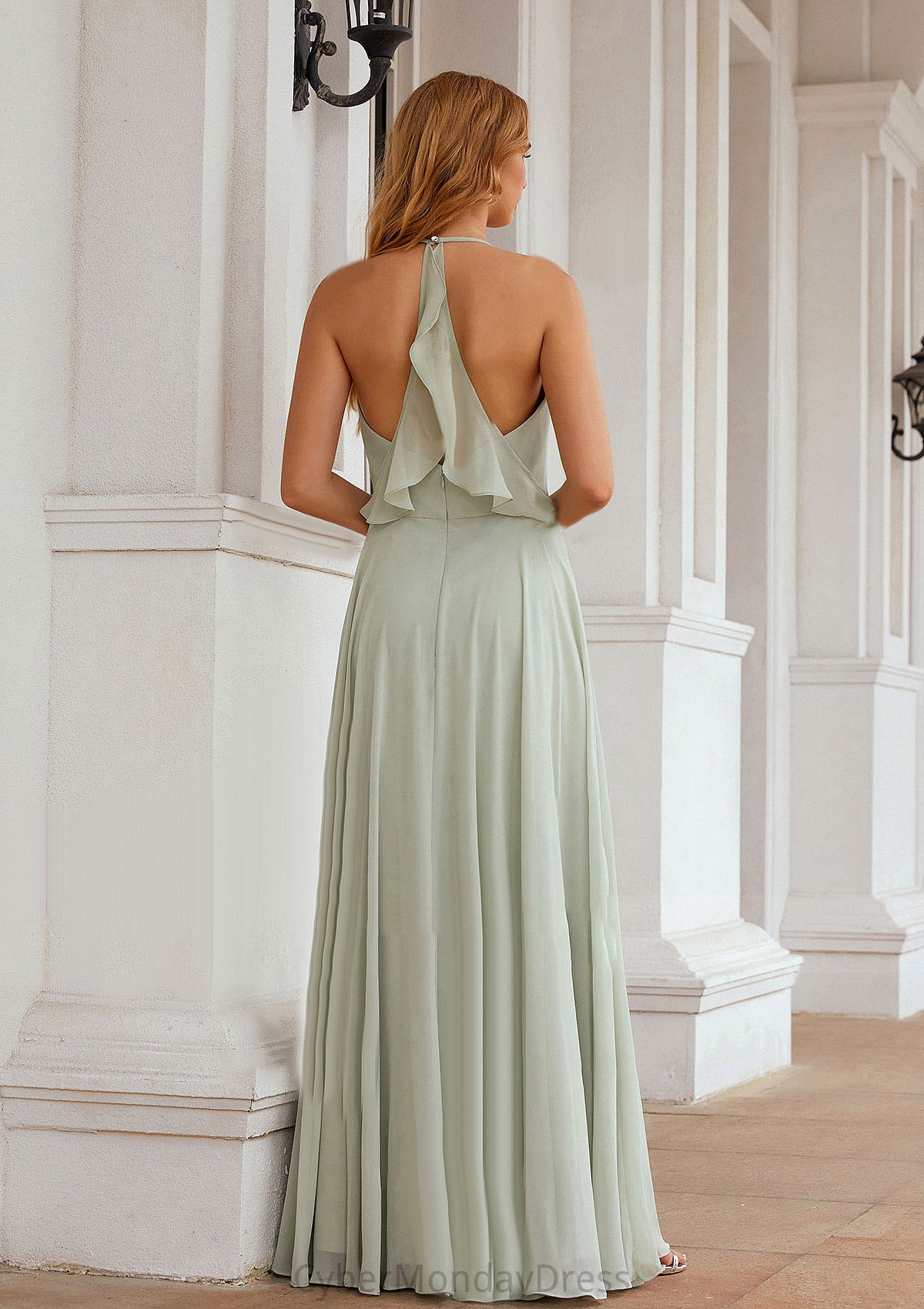 A-line Halter Sleeveless Chiffon Long/Floor-Length Bridesmaid Dresses With Pleated Ruffles Anna DTP0025623