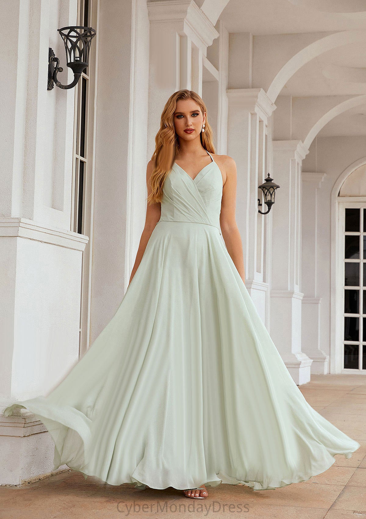 A-line Halter Sleeveless Chiffon Long/Floor-Length Bridesmaid Dresses With Pleated Ruffles Anna DTP0025623