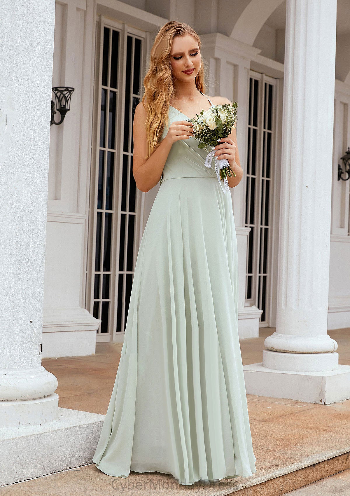 A-line Halter Sleeveless Chiffon Long/Floor-Length Bridesmaid Dresses With Pleated Ruffles Anna DTP0025623