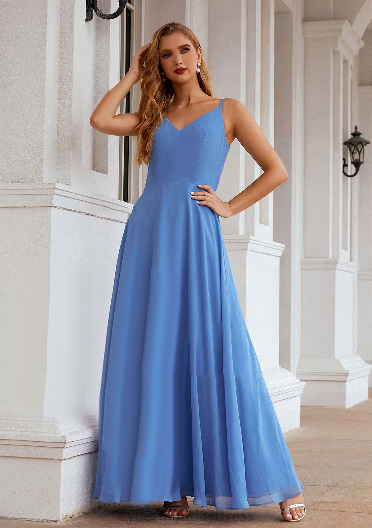 A-line Empire V Neck Long/Floor-Length Chiffon Bridesmaid Dresses With Pleated Isabelle DTP0025624