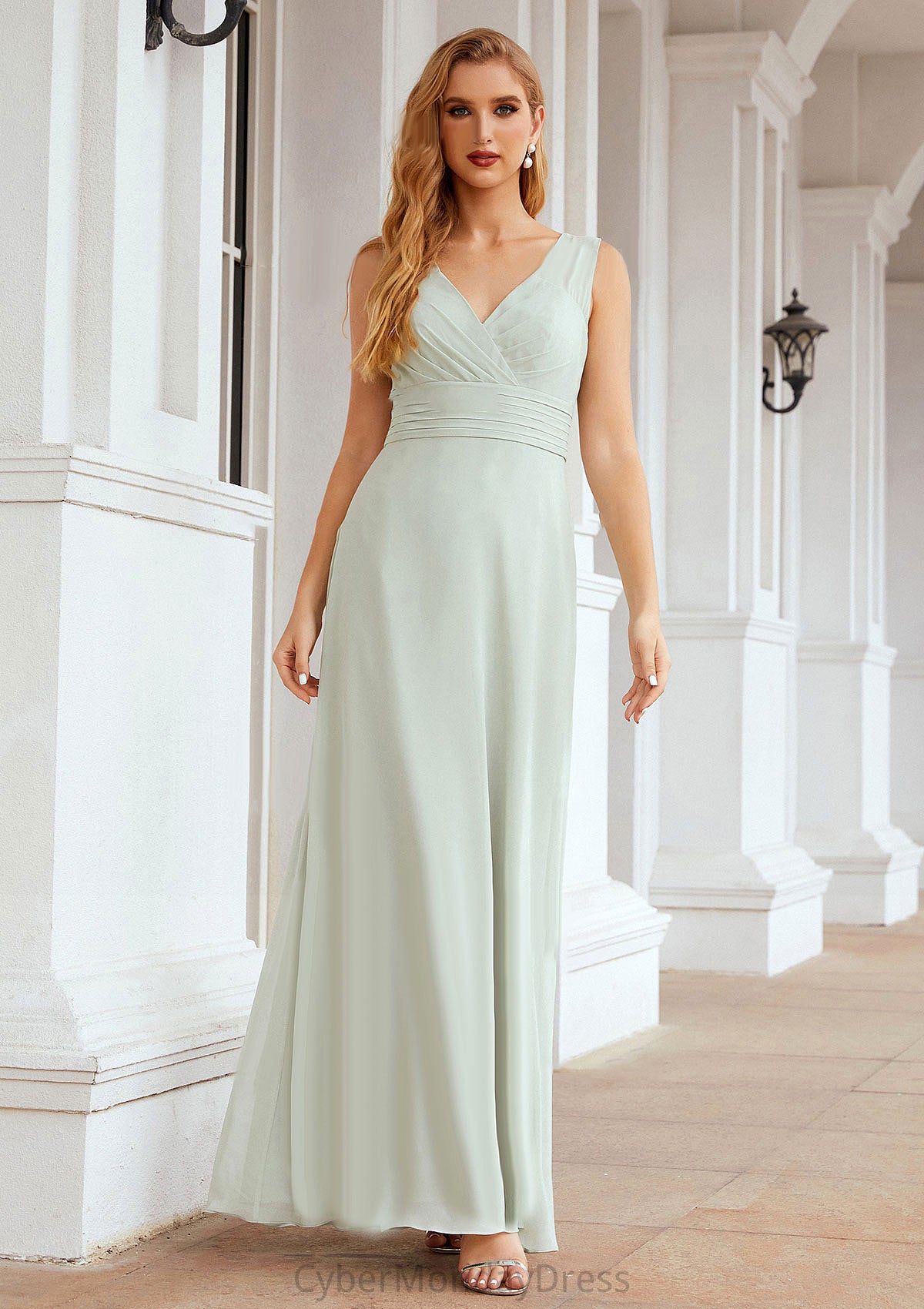 A-line V Neck Long/Floor-Length Chiffon Bridesmaid Dresses With Pleated Selah DTP0025625