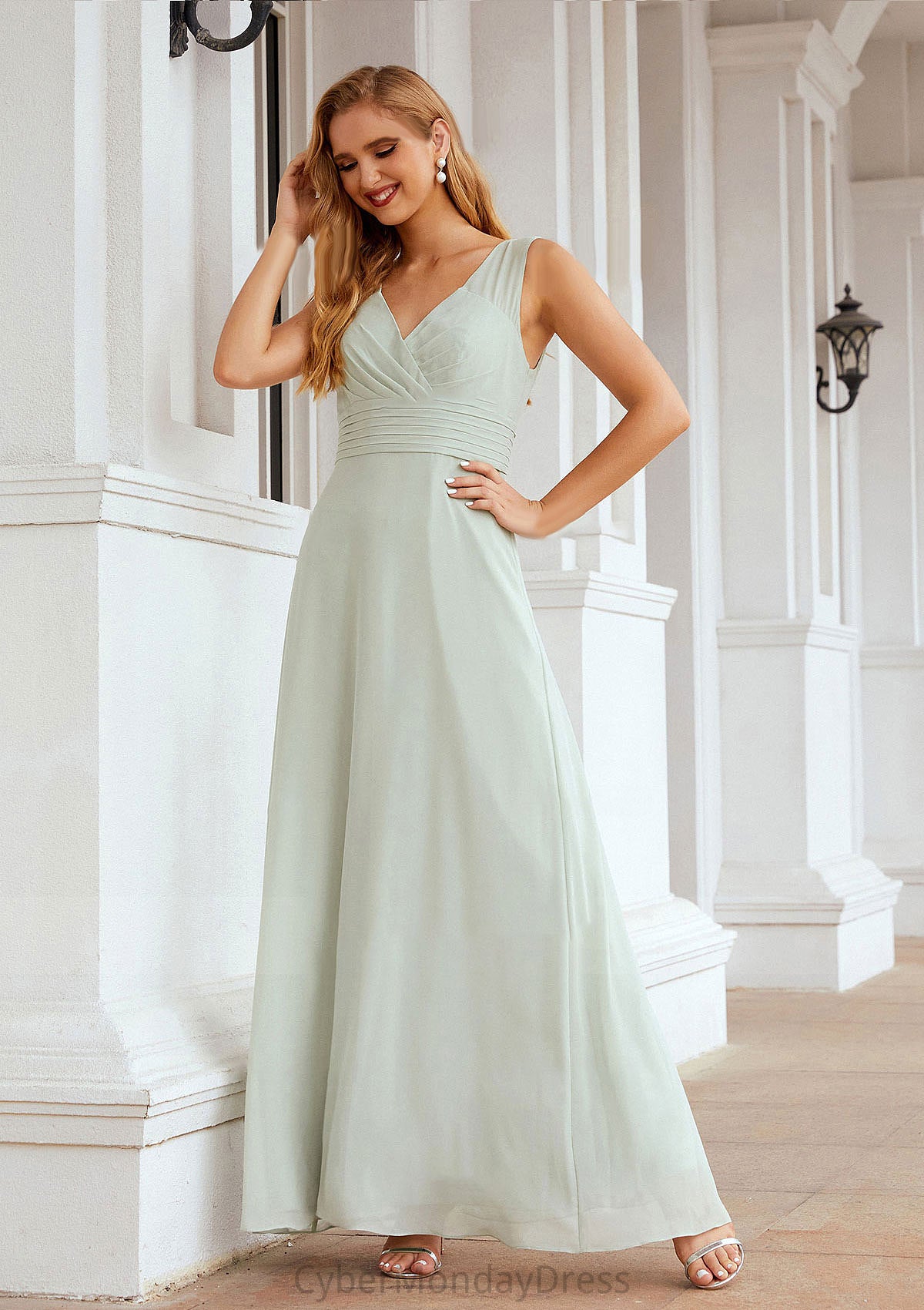 A-line V Neck Long/Floor-Length Chiffon Bridesmaid Dresses With Pleated Selah DTP0025625