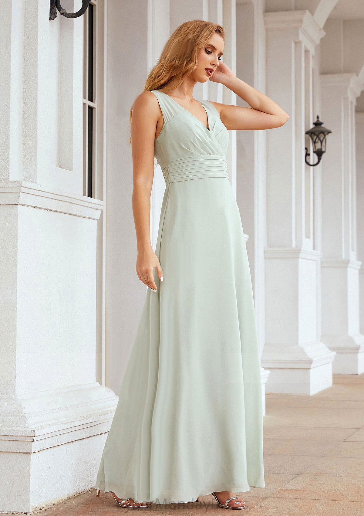 A-line V Neck Long/Floor-Length Chiffon Bridesmaid Dresses With Pleated Selah DTP0025625