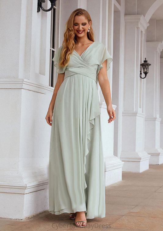 A-line V Neck Short Sleeve Chiffon Long/Floor-Length Bridesmaid Dresses With Pleated Ruffles Alana DTP0025626